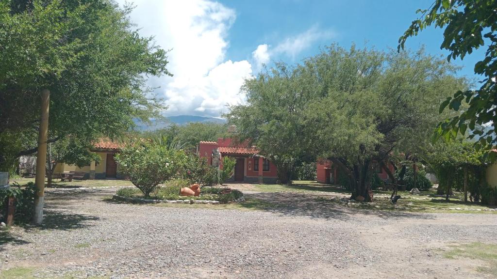 a yard with trees in front of a house at Cabañas SHAMBALLA in Cafayate