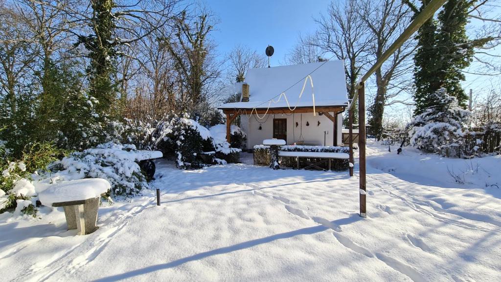 una casa en la nieve con una mesa y bancos en Behagliches Haus mit Kamin und Wärmepumpe, 