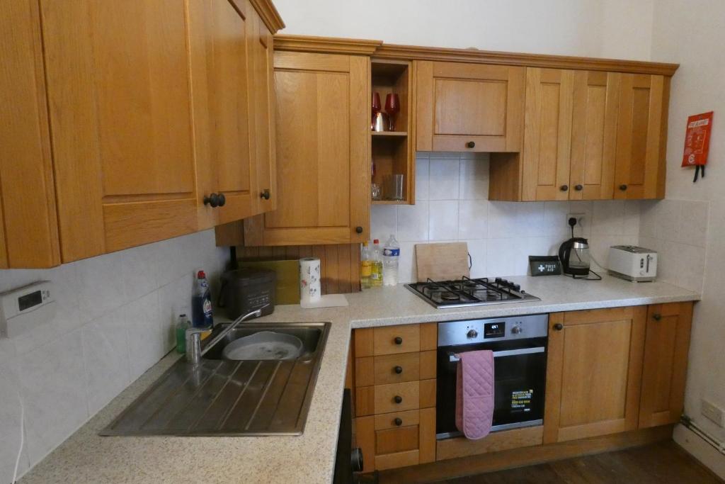 倫敦的住宿－The South View，厨房配有木制橱柜、水槽和炉灶。