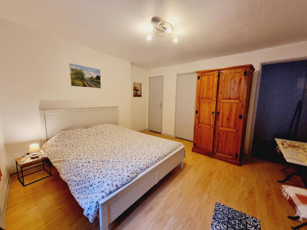 Schlafzimmer mit einem Bett und einem Holzschrank in der Unterkunft STUDIO CALME 22 m2 CENTRE VILLE NANTUA in Nantua