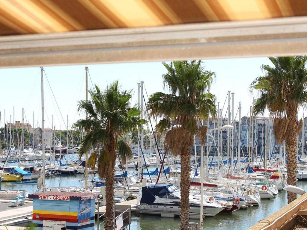 un groupe de palmiers dans un port de plaisance avec des bateaux dans l'établissement Studio Cabine à Gruissan: Terrasse, Parking, Clim, Proche Commerces et Port - FR-1-229-71, à Gruissan
