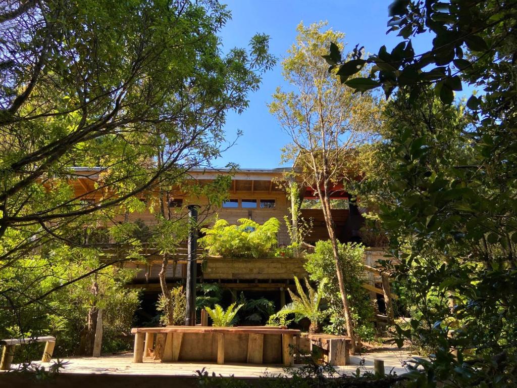 a building in the middle of a park with trees at Cabañas Los Cantos del Chucao in Puerto Varas