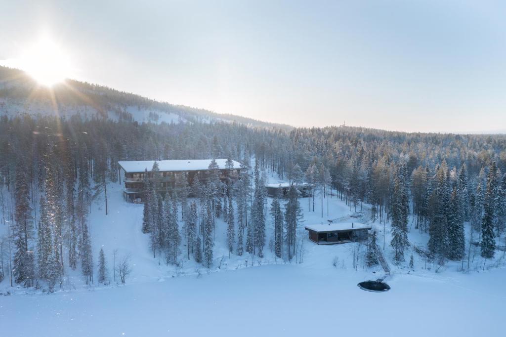 un lodge de esquí en medio de un bosque cubierto de nieve en Kurula's Resort, en Pyhätunturi