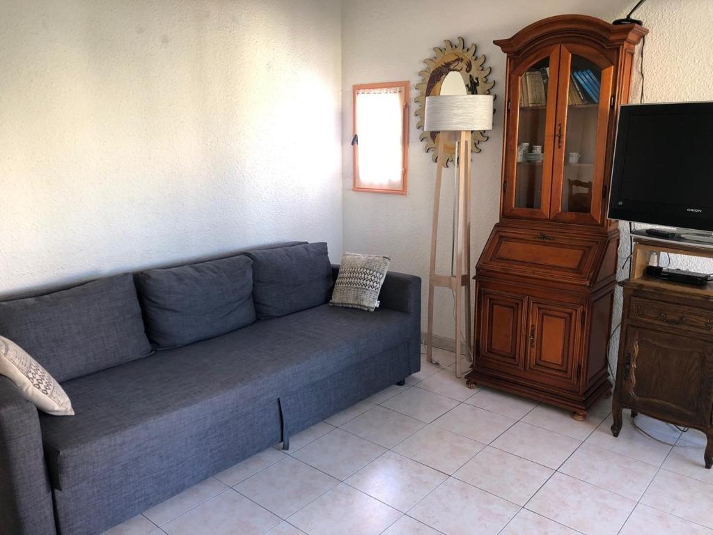 a blue couch in a living room with a tv at Villa Port Barcarès, 2 pièces, 4 personnes - FR-1-81-259 in Le Barcarès