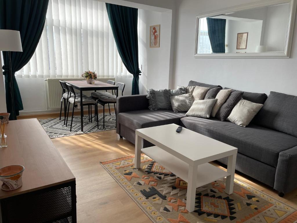 uma sala de estar com um sofá e uma mesa em Apartament Cina em Huşi