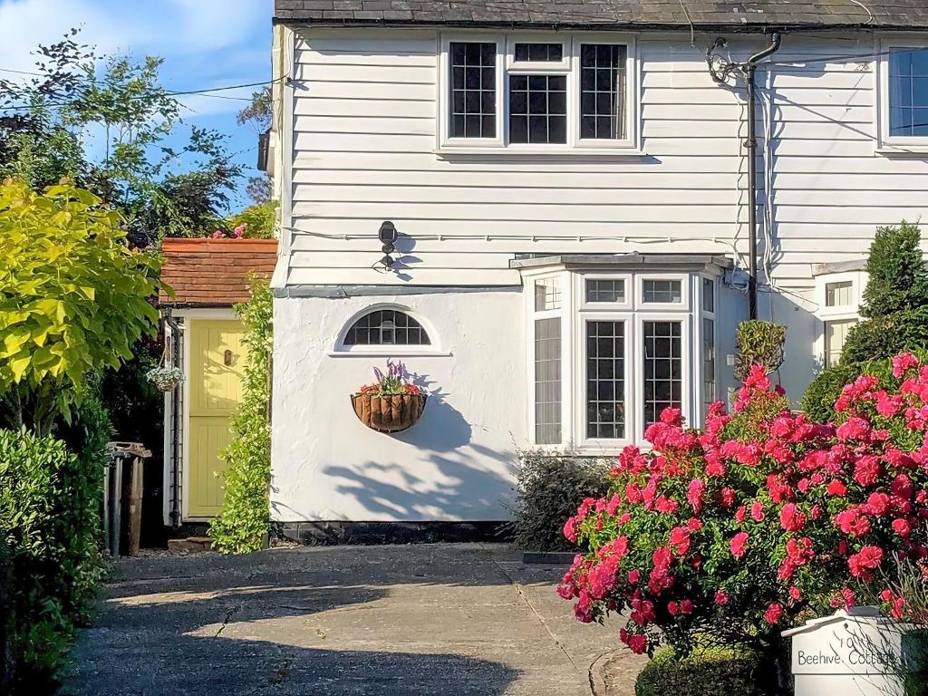 a white house with a flower pot on the door at Beehive Cottage in Wittersham
