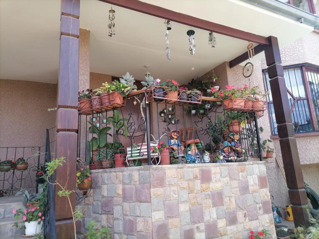 un montón de macetas en una pared en Familia Heresi ( Casa Kairos), en Cochabamba