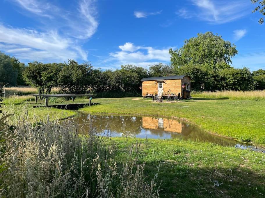a small cabin in a field with a pond at Mountbatten Shepherds hut & Buckhurst Shepherds hut in Ashford