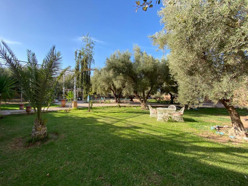 un parc avec des arbres et une table de pique-nique dans l'herbe dans l'établissement Riad salix d'agafay, à Marrakech