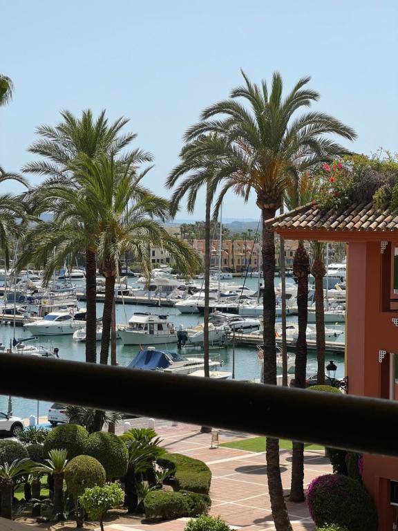 vistas a un puerto deportivo con palmeras y barcos en Apartamento Puerto Sotogrande Marina, en Sotogrande