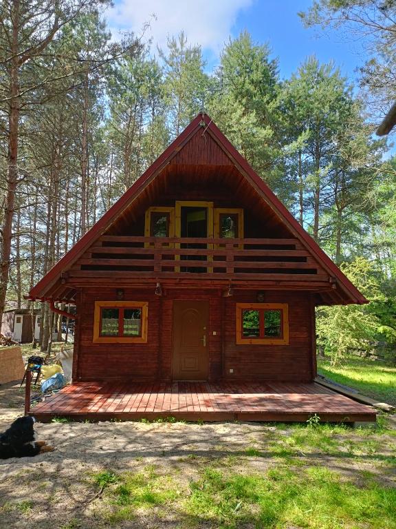 Cabaña de madera pequeña con terraza en el bosque en Dom Sosnowy, en Szczytno