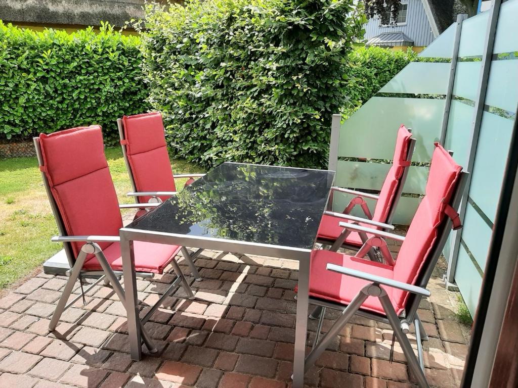 ツィングストにあるTraumzeit, FW 2のパティオ(赤い椅子4脚、ガラスのテーブル付)