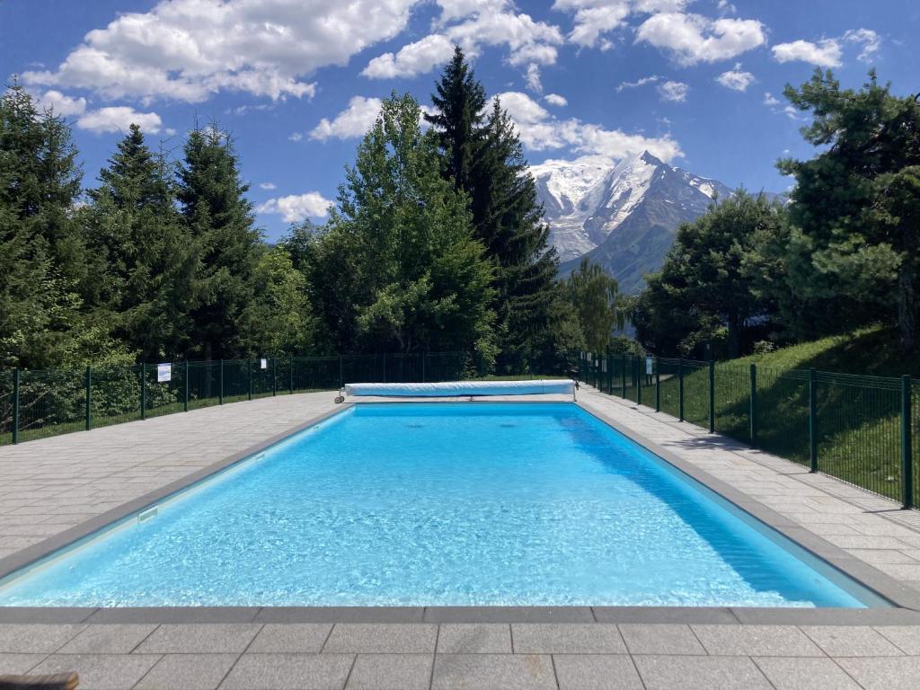 a swimming pool with mountains in the background at Le cocon du Bettex 1400 - Cozy Apt near Mont Blanc in Saint-Gervais-les-Bains