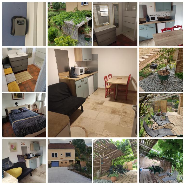 un collage de photos d'une cuisine et d'une maison dans l'établissement Le Tilleul, à Sarlat-la-Canéda