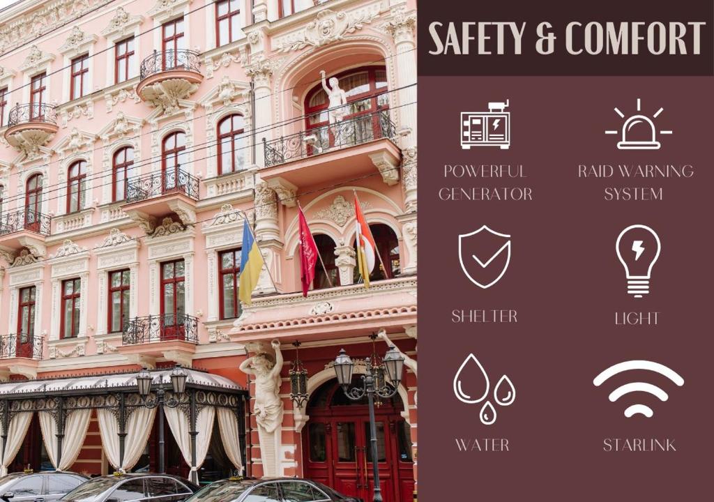 a building with a sign that says safety and comfort at Hotel Bristol in Odesa