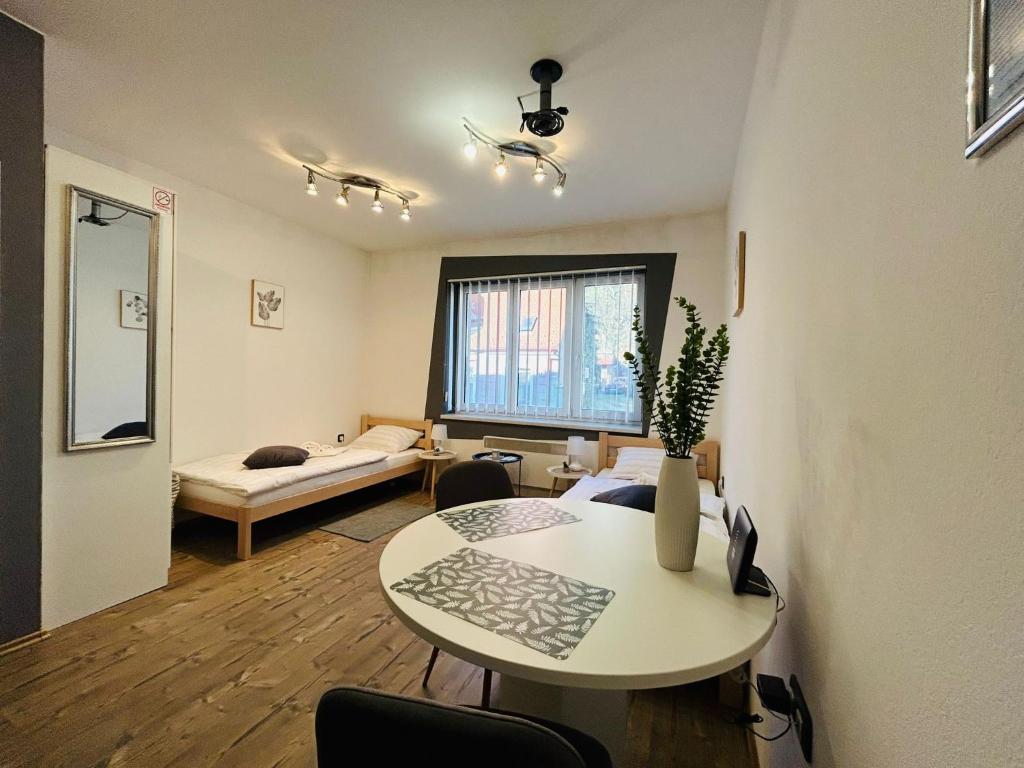 een woonkamer met een tafel en een bank bij Lu-Lu room in Požega