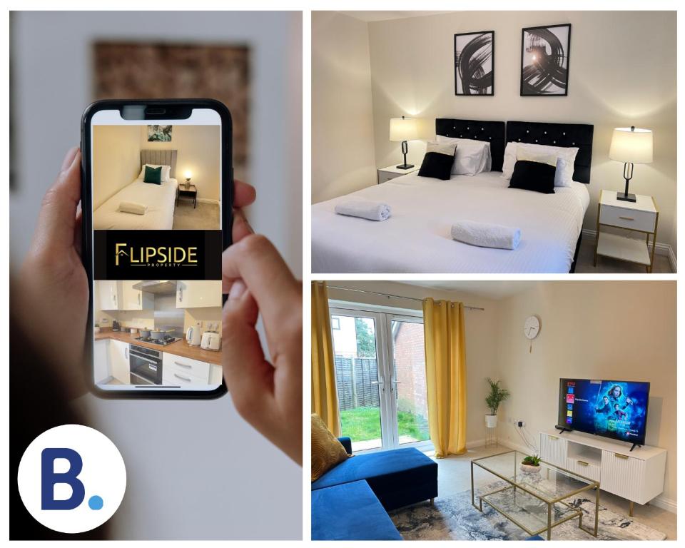 una persona che scatta una foto di una camera d'albergo di Three Bedroom Semi Detached House By Flipside Property Aylesbury Serviced Accommodation & Short Lets With Wifi & Parking ad Aylesbury