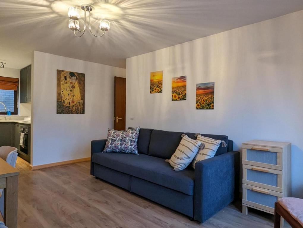 a living room with a blue couch and paintings on the wall at NEW Bright and Sunny flat in Oxford City Centre in Oxford