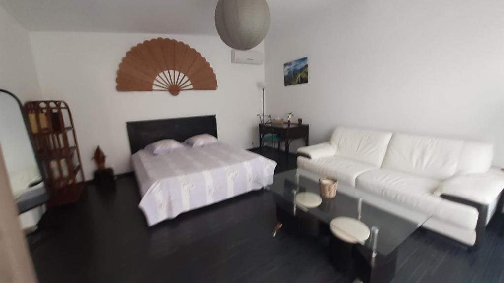 a living room with a couch and a bed at Un jour ailleurs in Saint-Pierre