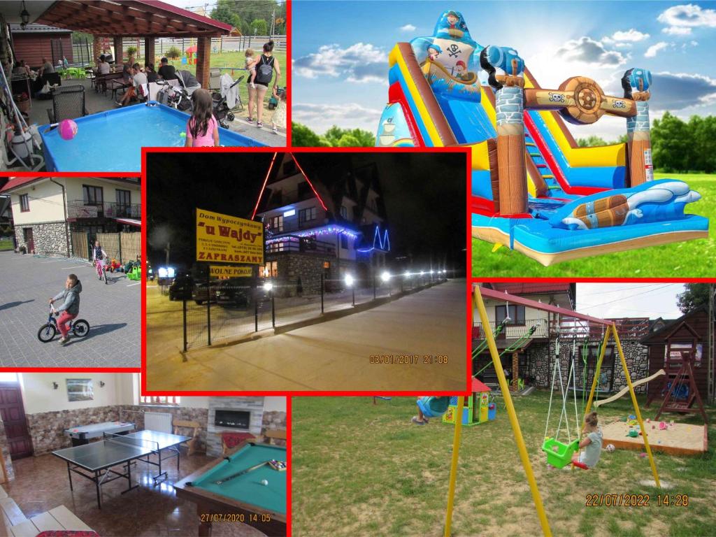 a collage of photos showing different types of playground equipment at DW U Wajdy in Białka Tatrzanska
