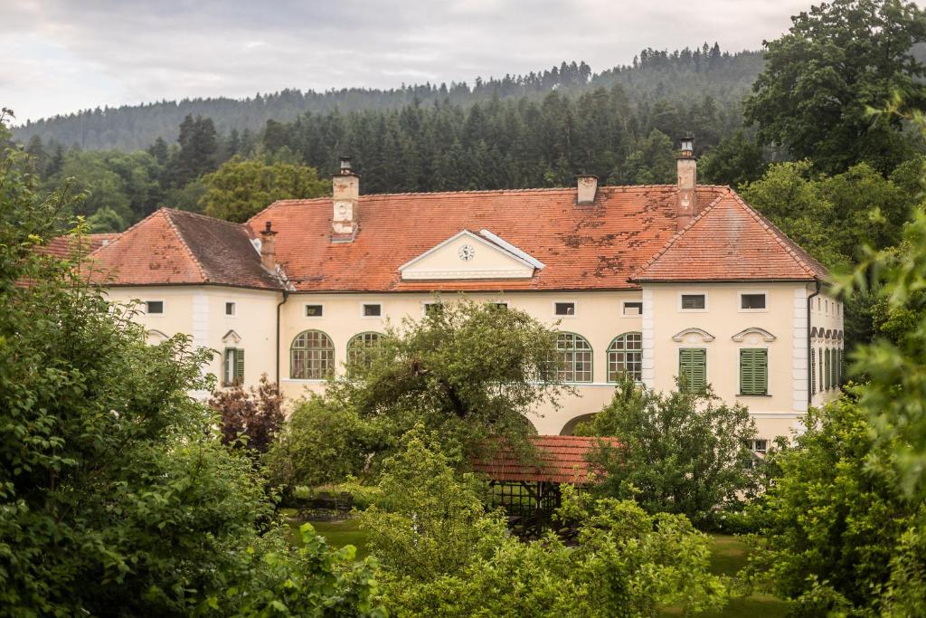 克拉根福的住宿－Schlossgut Gundersdorf，一座大型白色房屋,设有红色屋顶