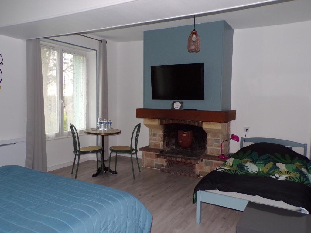 una camera con letto e camino con TV di A la Belle Etoile a Méry-sur-Cher
