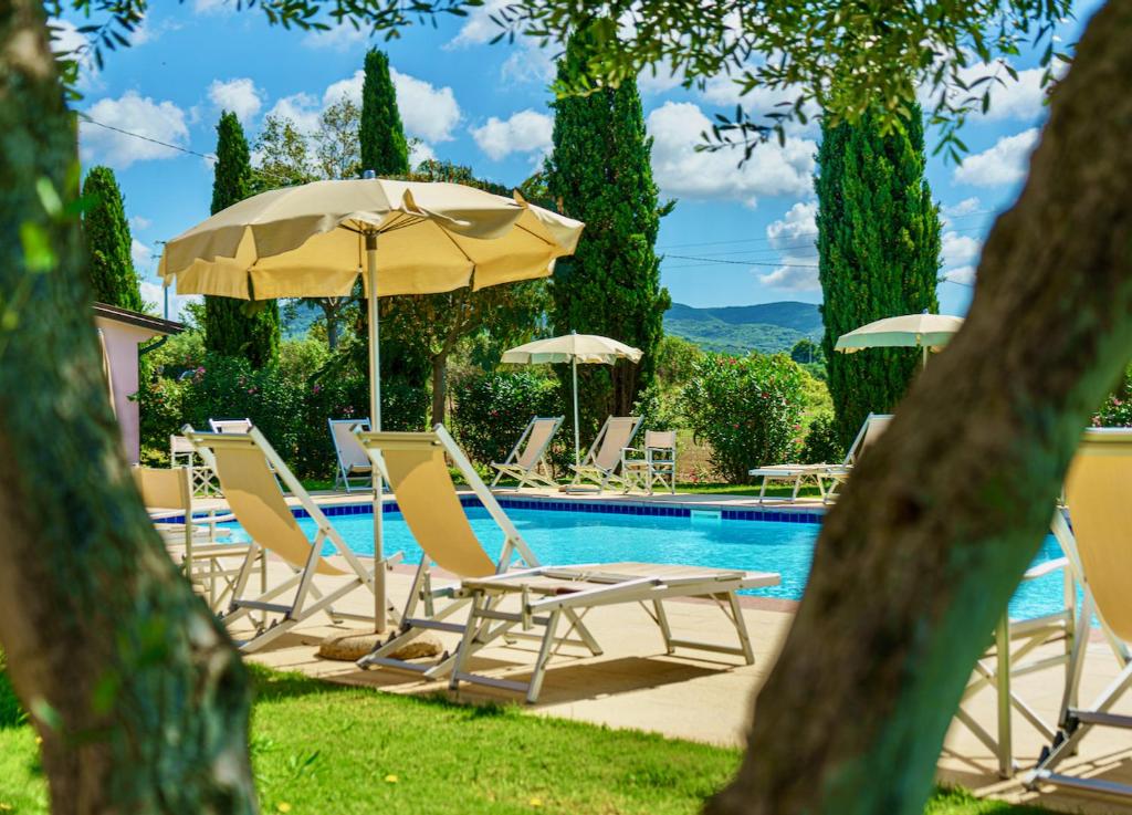 un gruppo di sedie e ombrelloni accanto alla piscina di Appartamenti in Residence Villa Santa Maria a San Vincenzo
