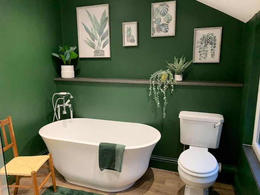 a green bathroom with a white bath tub and a toilet at No 11, Fishguard, Ideal for beach, coastal path and town! in Fishguard