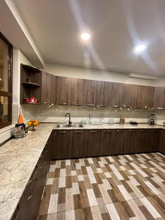 a large kitchen with wooden cabinets and a sink at Guest House on Meskheti in Borjomi
