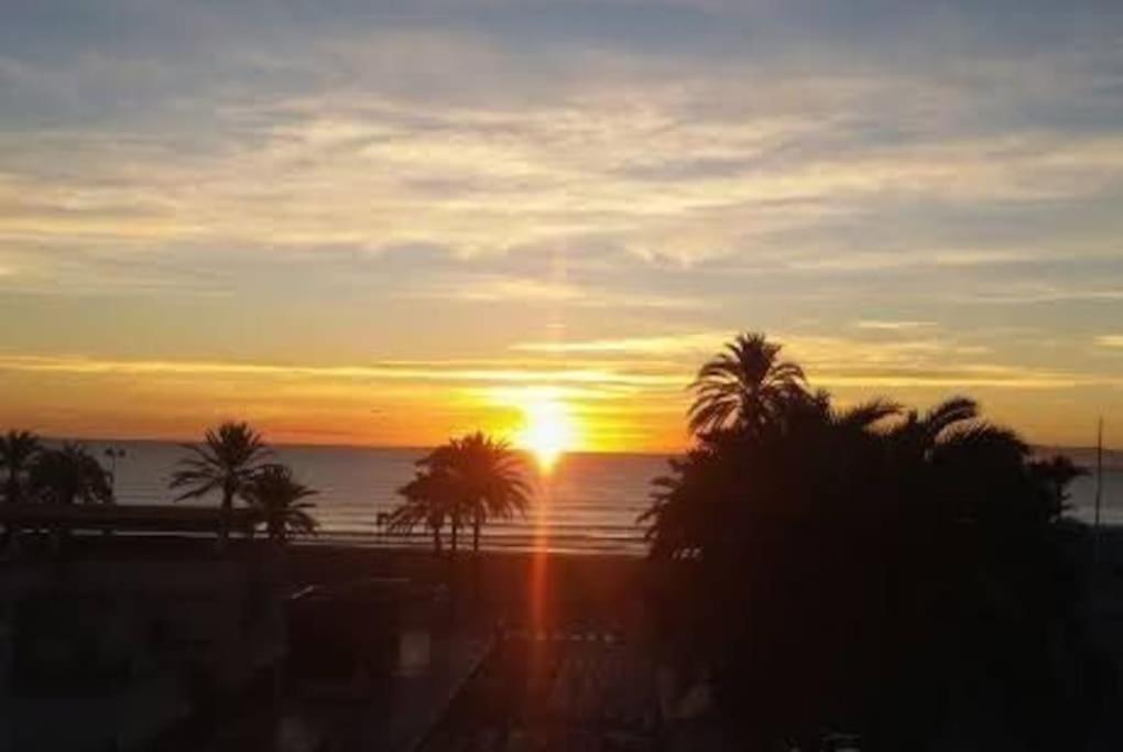 a sunset on a beach with palm trees and the ocean at Apartamento 1ª línea de Playa in Puebla de Farnals