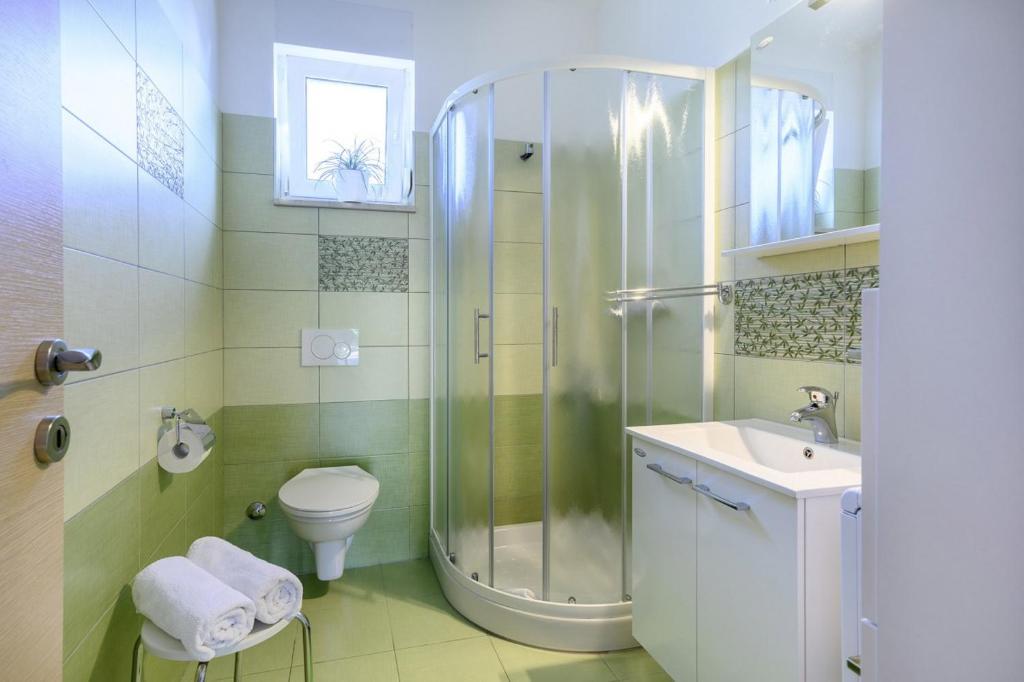 łazienka z prysznicem, toaletą i umywalką w obiekcie Bojana in Ližnjan (Haus für 4-5 Personen) w mieście Ližnjan