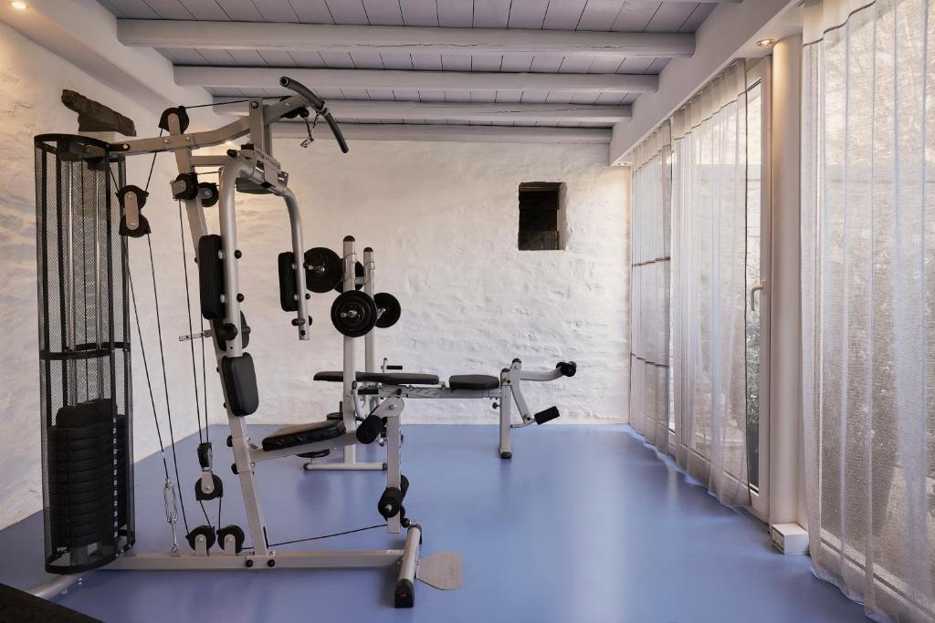 a room with a gym with tread machines at Yria Island Boutique Hotel & Spa in Parasporos