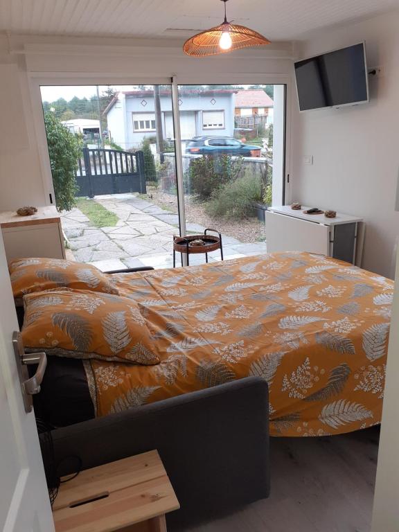 1 dormitorio con cama y ventana grande en Studio Canapé convertible 2 pers avec jardin et parking clos, en Merlimont