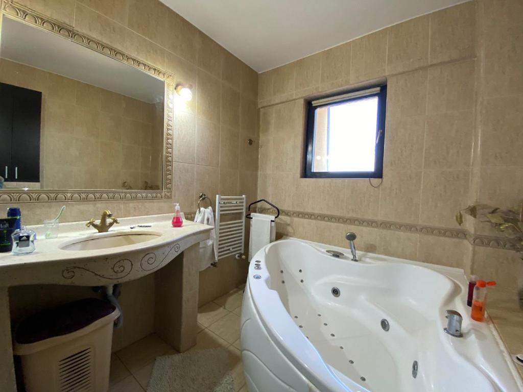 a bathroom with a tub and a sink and a bath tub at Penthouse City Centre in Iaşi