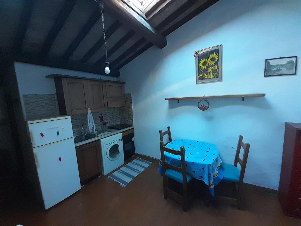 eine Küche mit einem Tisch, einer Spüle und einem Herd in der Unterkunft BIRI in Perugia