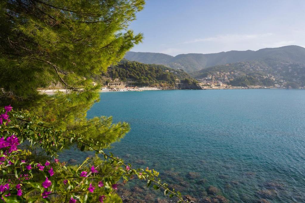 a view of a large body of water with mountains at Villaggio Smeraldo in Moneglia