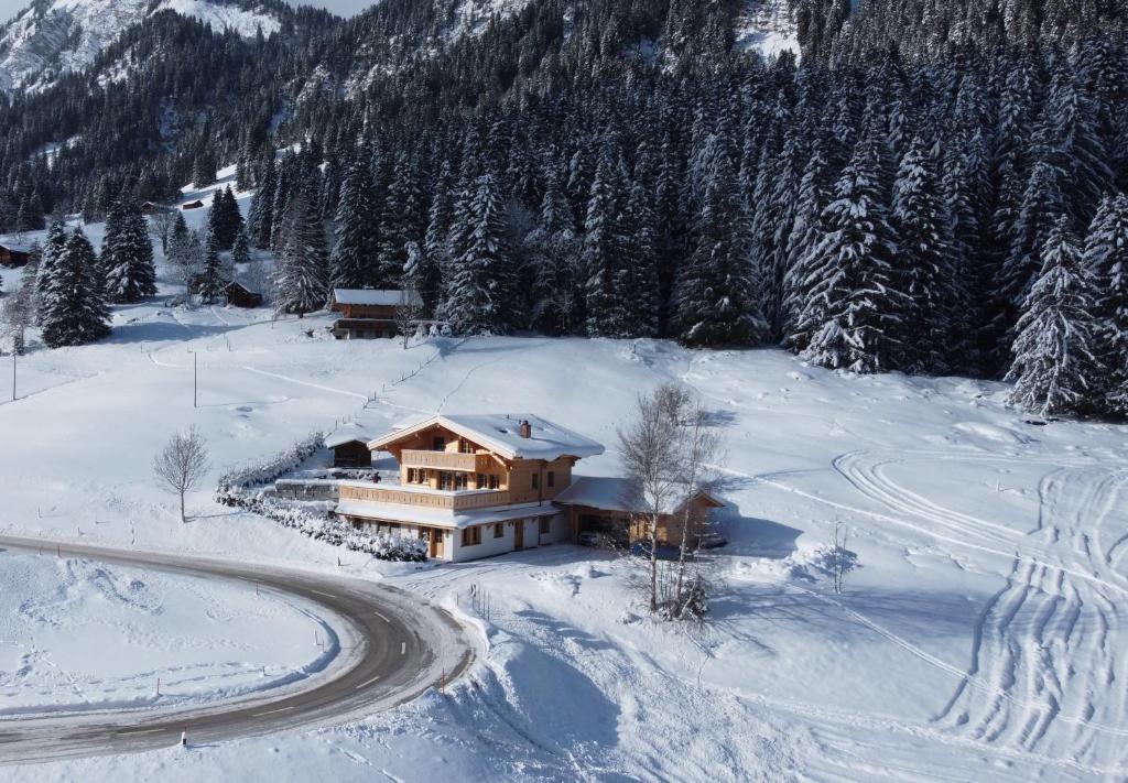 una casa en una montaña cubierta de nieve con una carretera en Chalet mit Kino und Jacuzzi in Gsteig b. Gstaad, en Gsteig