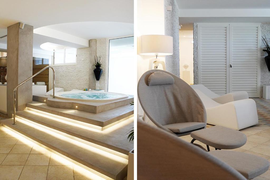 two pictures of a living room with a staircase and a bathroom at San Lorenzo Boutique Hotel & SPA in Polignano a Mare
