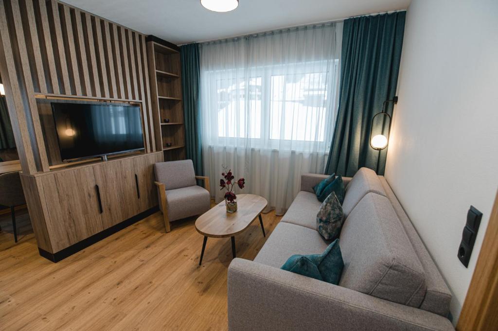 a living room with a couch and a television at Winkler Appartements in Saalbach Hinterglemm
