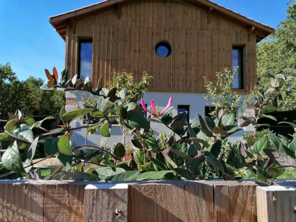 a wooden fence with plants in front of a building at Les Callunes chambres d'hôtes et location meublée à 800 m de la plage ! in Lanton
