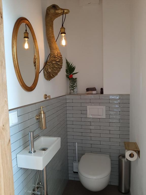 ein Badezimmer mit einem WC, einem Waschbecken und einem Spiegel in der Unterkunft Loftwohnung mit Bergblick in Saalfelden am Steinernen Meer
