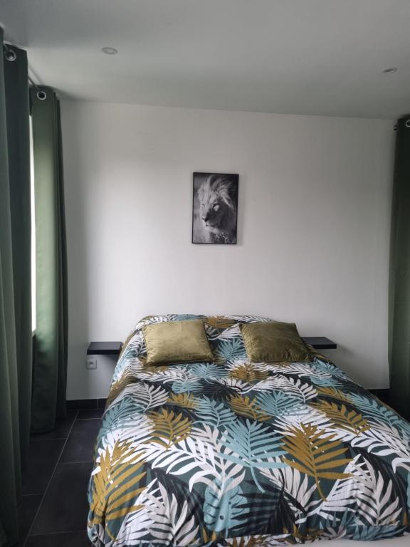 een slaapkamer met een bed met een kleurrijk dekbed bij Chez peggy in Metz