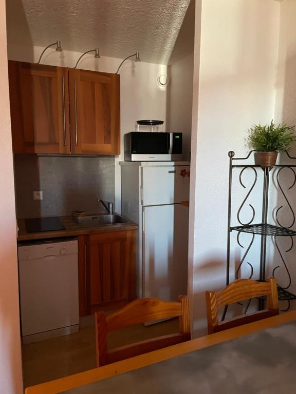 a small kitchen with a refrigerator and a microwave at SUPER SAUZE Studio pied des pistes in Enchastrayes