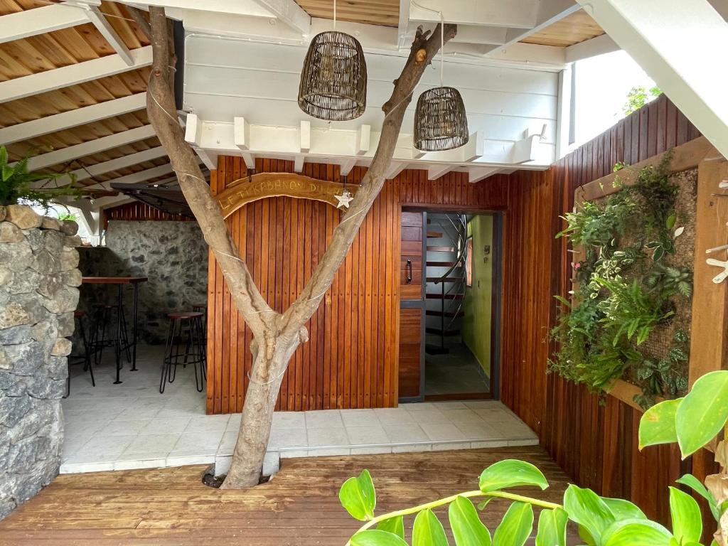 un pasillo con un árbol en medio de una casa en Le ti Kabanon Du Lagon en La Saline les Bains