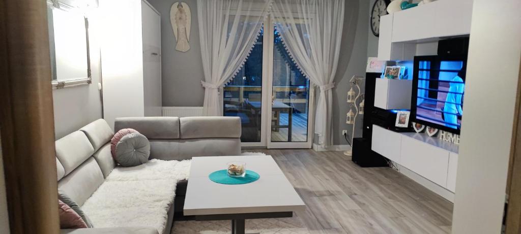 拉塔Wydmuchówka的客厅里有一张沙发和一张桌子。