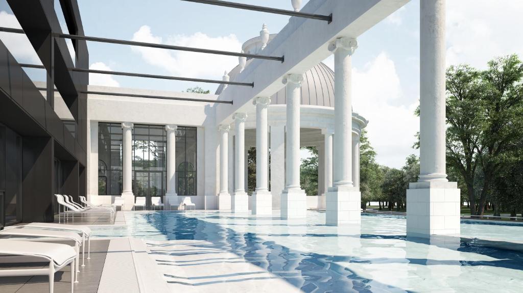 a rendering of a swimming pool with columns and a building at Villa Thermae Nancy in Nancy