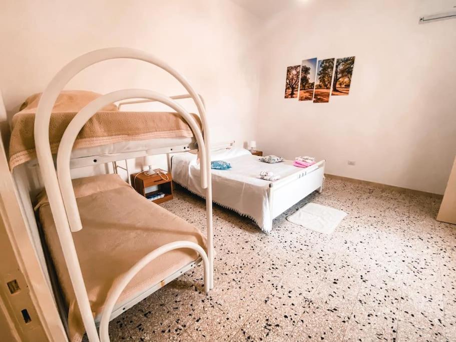1 dormitorio con litera y marco de cama en Villetta tra ulivi e mare, en Torre Suda