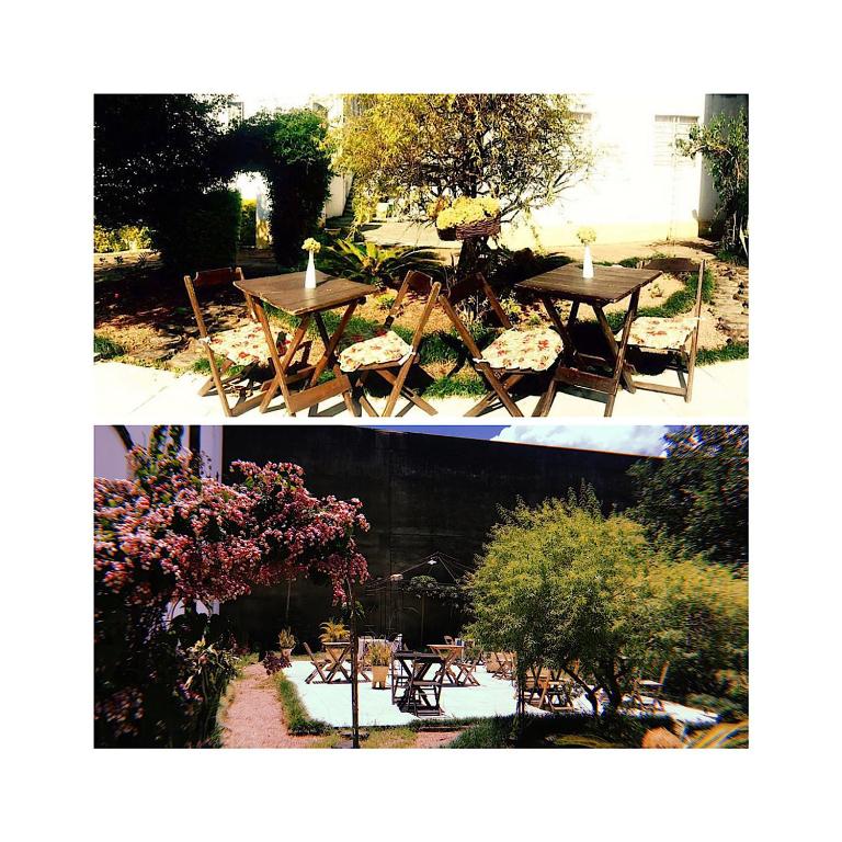 two pictures of a garden with a table and chairs at Hotel Ibiá in Montenegro