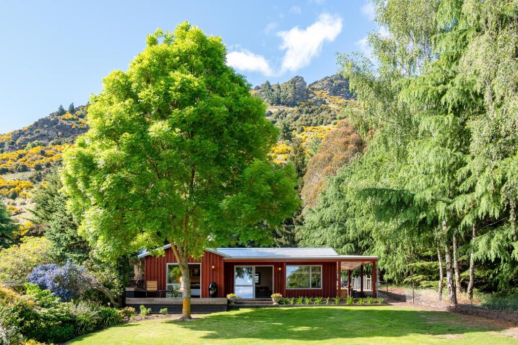 eine kleine rote Hütte in einem Garten mit einem Baum in der Unterkunft Criffel Bluffs Cottage in Wanaka