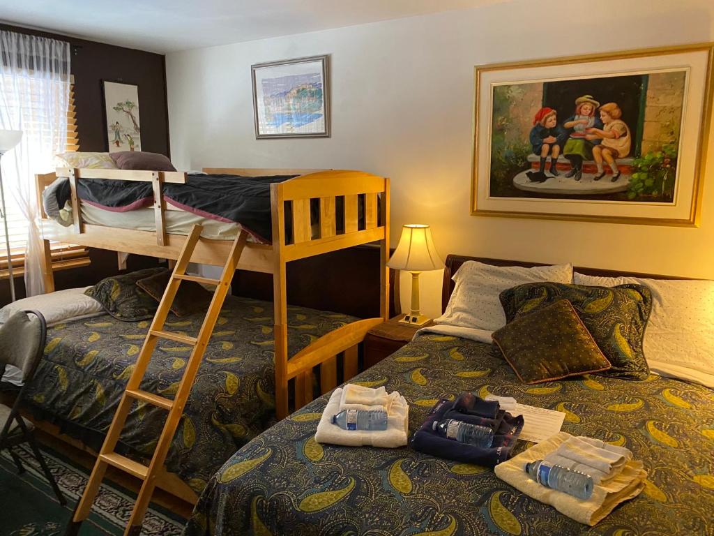 een slaapkamer met een bed en een stapelbed met een ladder bij Repos & Manna Downtown Montréal in Montreal